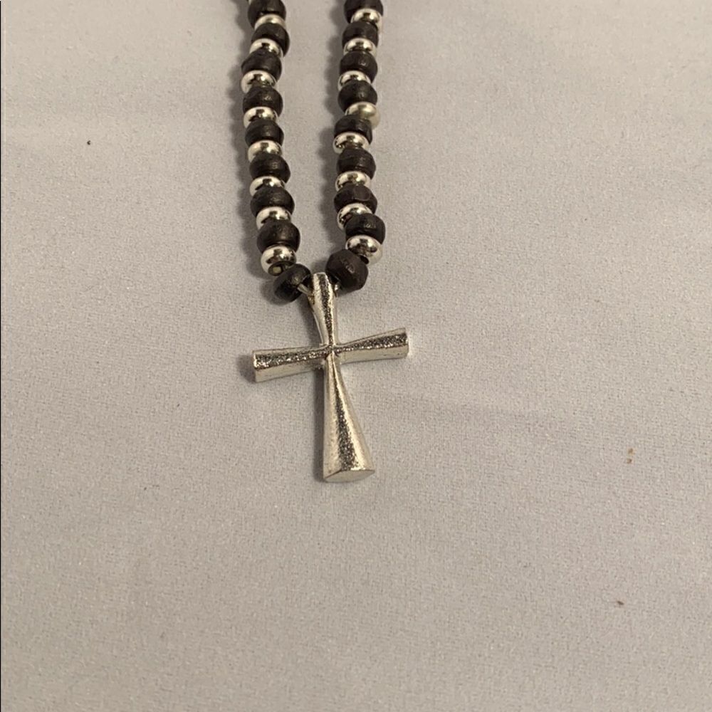 Cross necklace black beads and silver